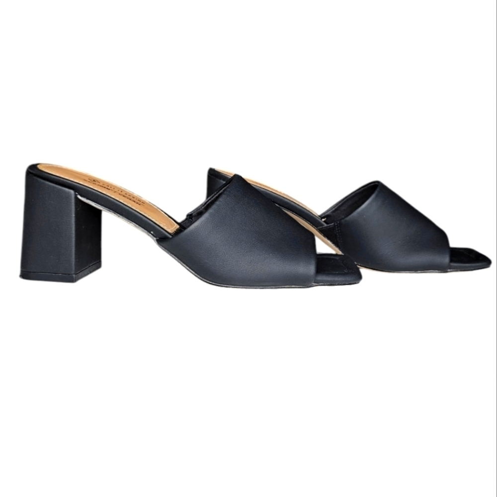 Call It Spring Black Faux Leather Block Heel Open Toe Mules fits like a size 5